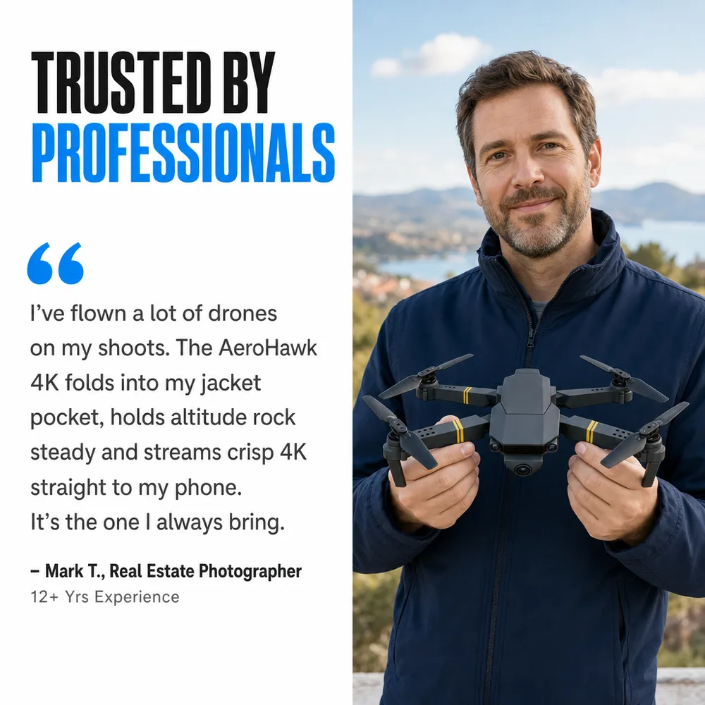 Photographer holding the AeroHawk 4K drone: trusted by professionals